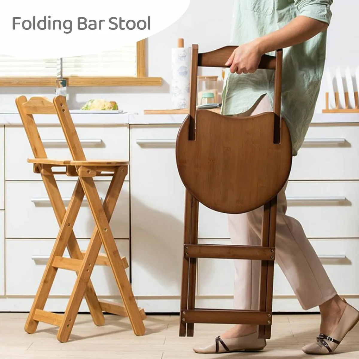 Folding Bar Stool Bamboo Counter Height Chairs - Image 2