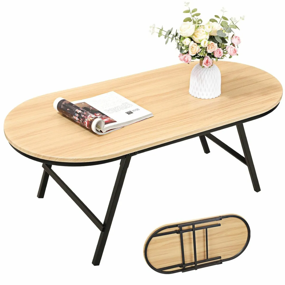 Foldable Coffee Table Natural Wood Oval Tables No - Image 1
