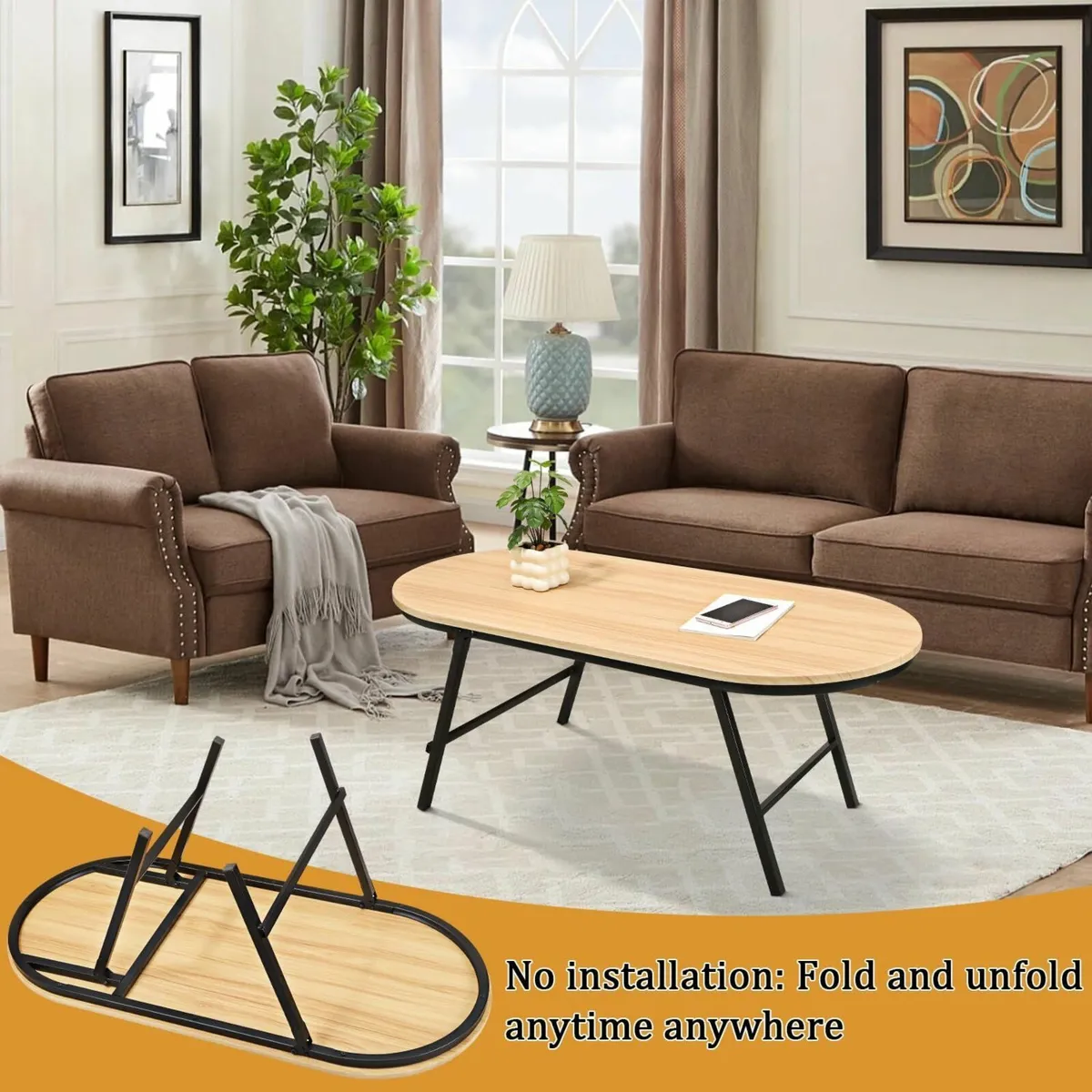 Foldable Coffee Table Natural Wood Oval Tables No - Image 3