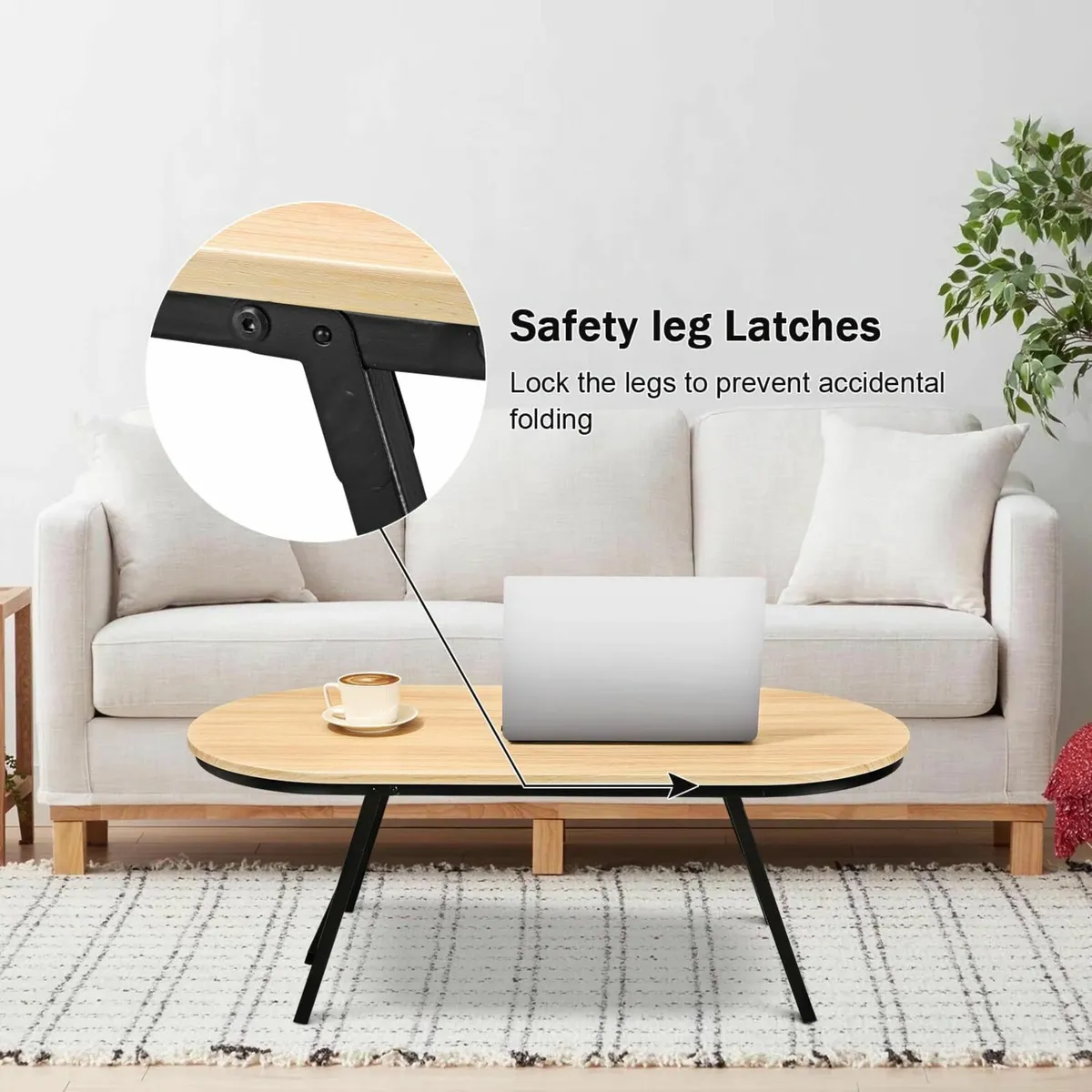 Foldable Coffee Table Natural Wood Oval Tables No - Image 4