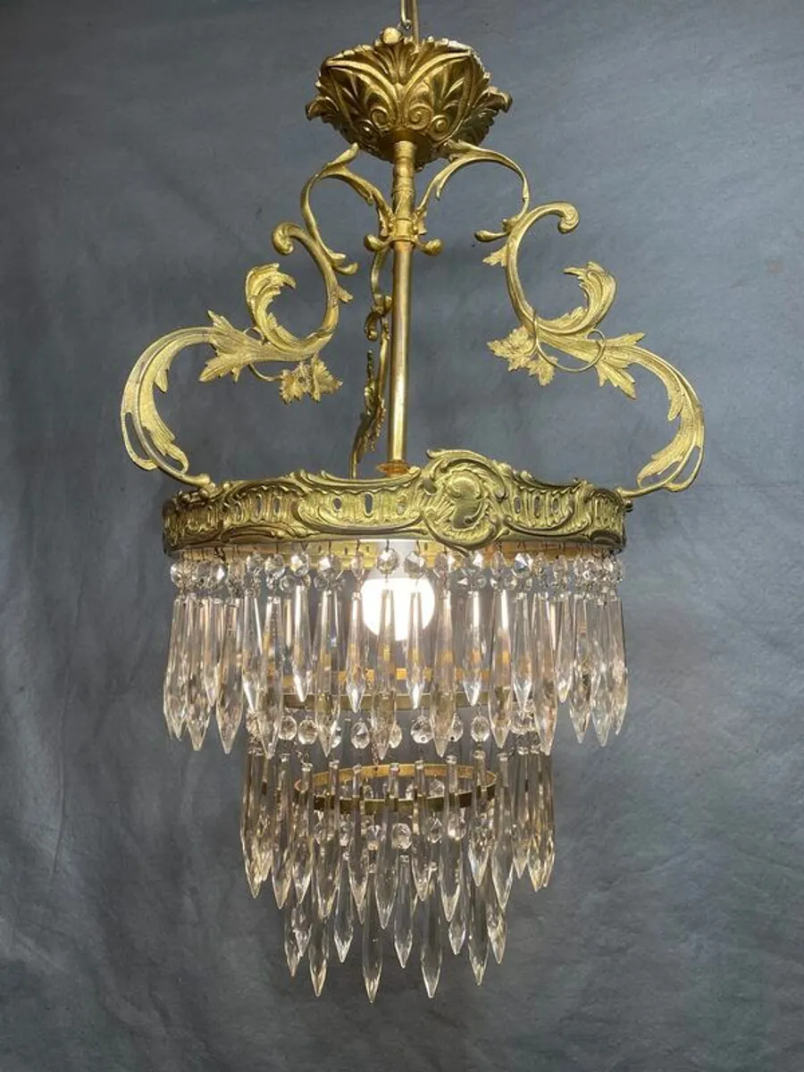 SALE ! Was 495 Now 395 ! Antique Brass & Crystal Cascading Chandelier. - Image 1