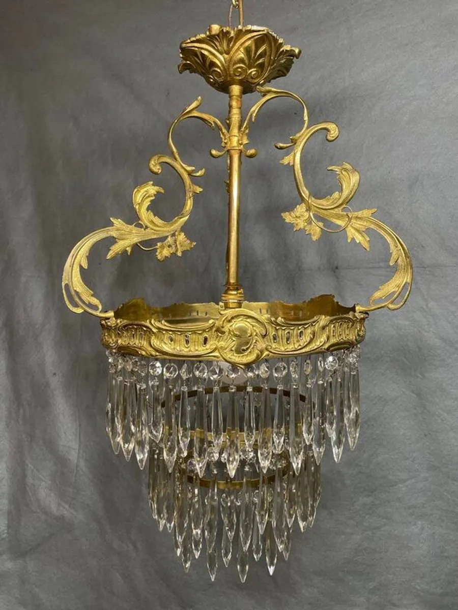 SALE ! Was 495 Now 395 ! Antique Brass & Crystal Cascading Chandelier. - Image 4