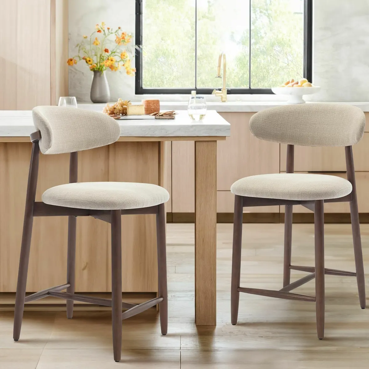 Mid Century Modern Padded Kitchen Bar Stools with - Image 1