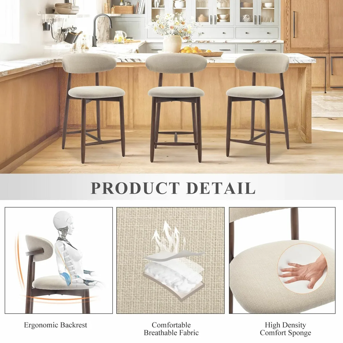 Mid Century Modern Padded Kitchen Bar Stools with - Image 4