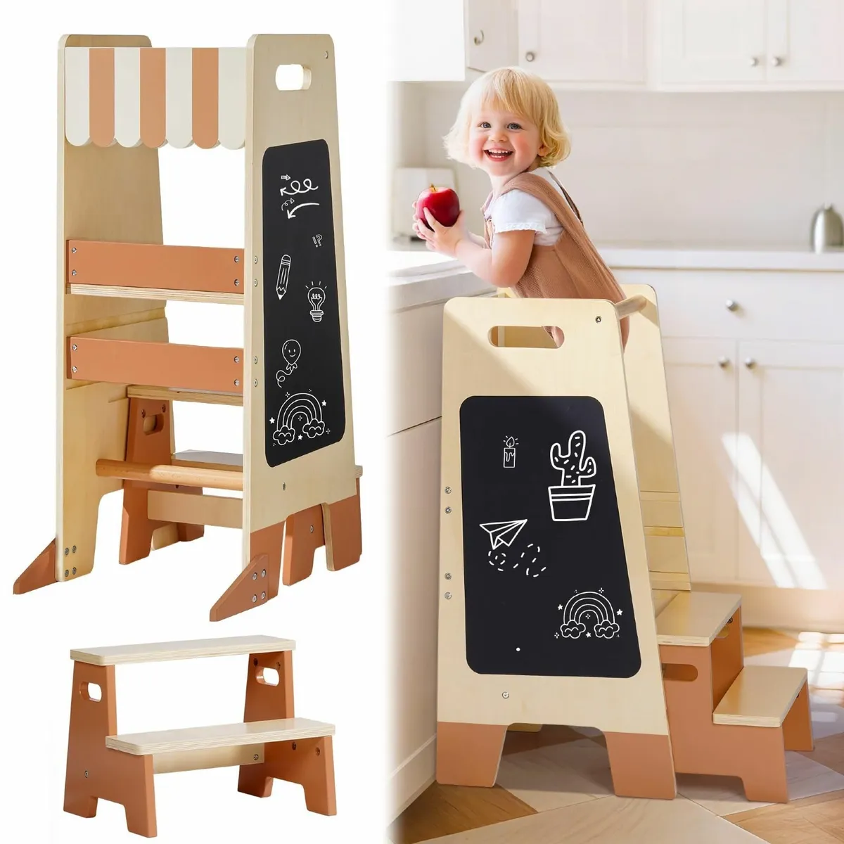 Wooden Toddler Step Stool with Safety Rail - Image 1