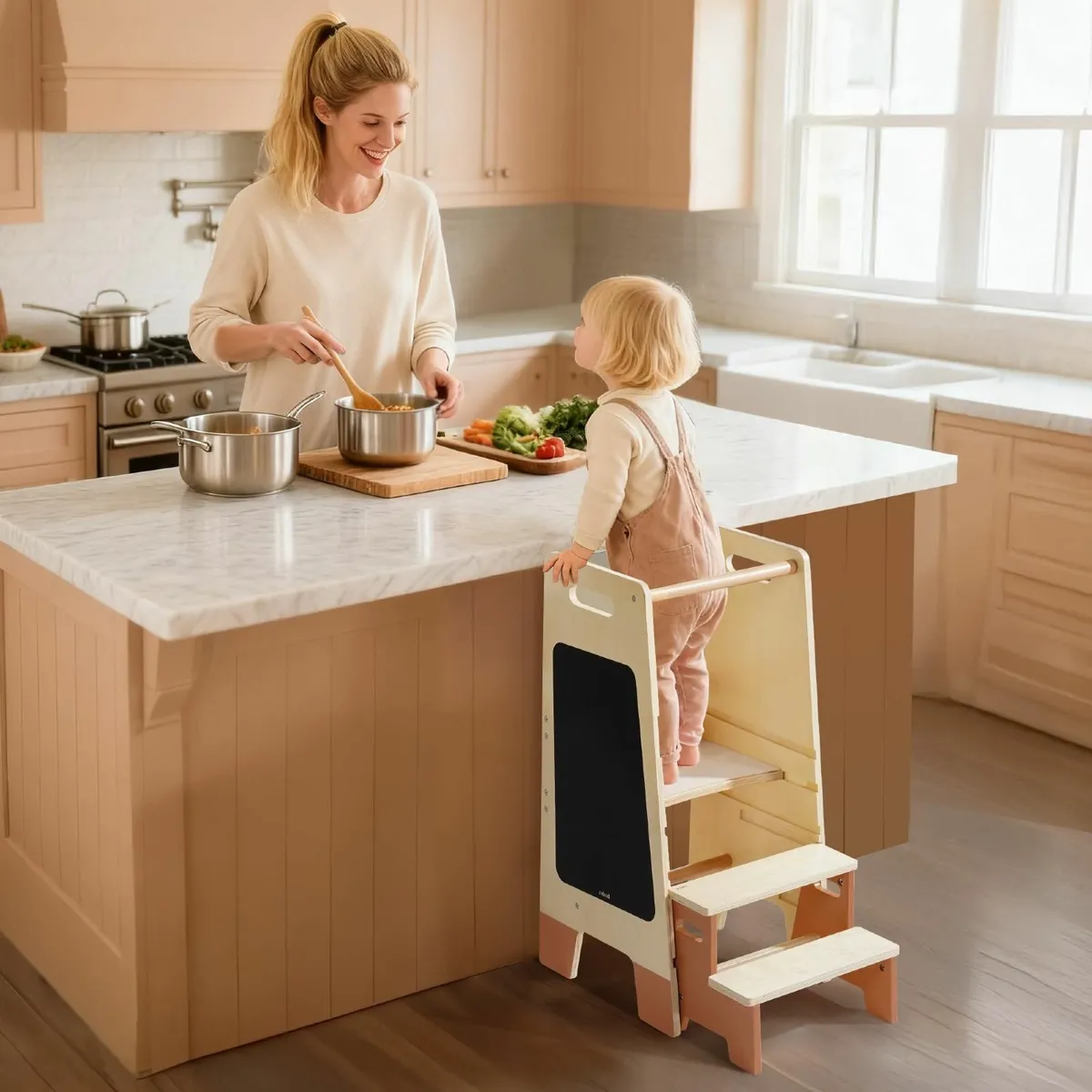 Wooden Toddler Step Stool with Safety Rail - Image 2