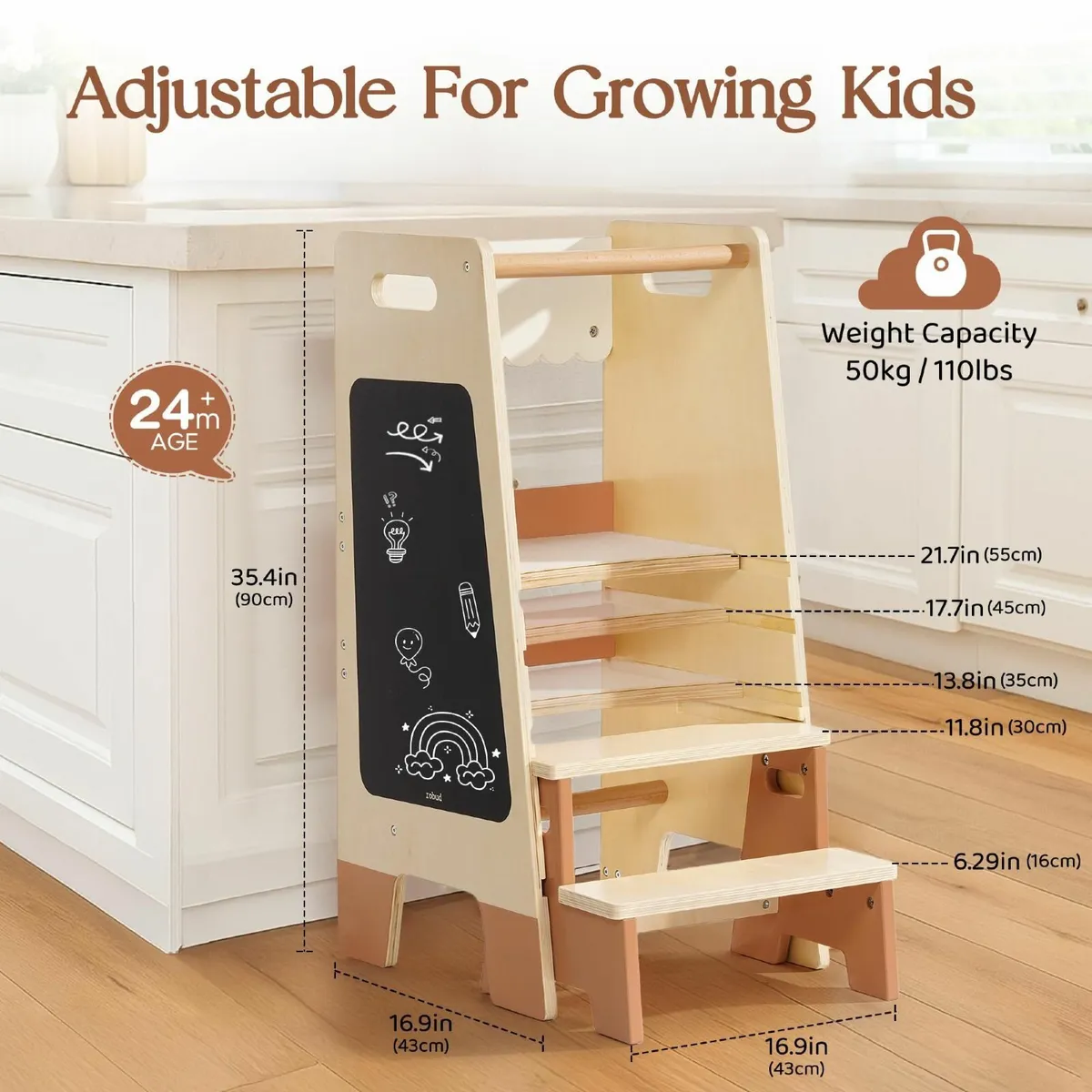 Wooden Toddler Step Stool with Safety Rail - Image 3