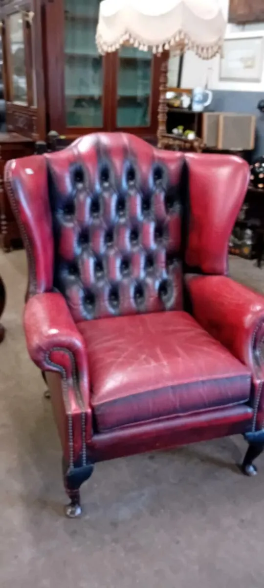 Vintage Red Leather Chesterfield Wingback Armchair - Image 1