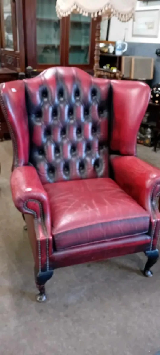 Vintage Red Leather Chesterfield Wingback Armchair - Image 2
