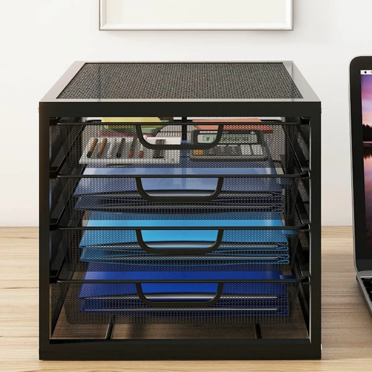 Mesh File Organiser Box 4 Sliding Drawers Desktop - Image 1