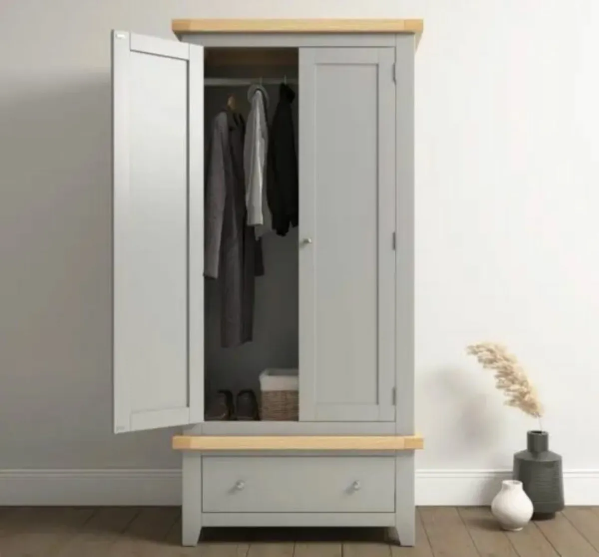 Windsor 2 Door 1 Drawer Wardrobe Pebble Grey/Oak - Image 1