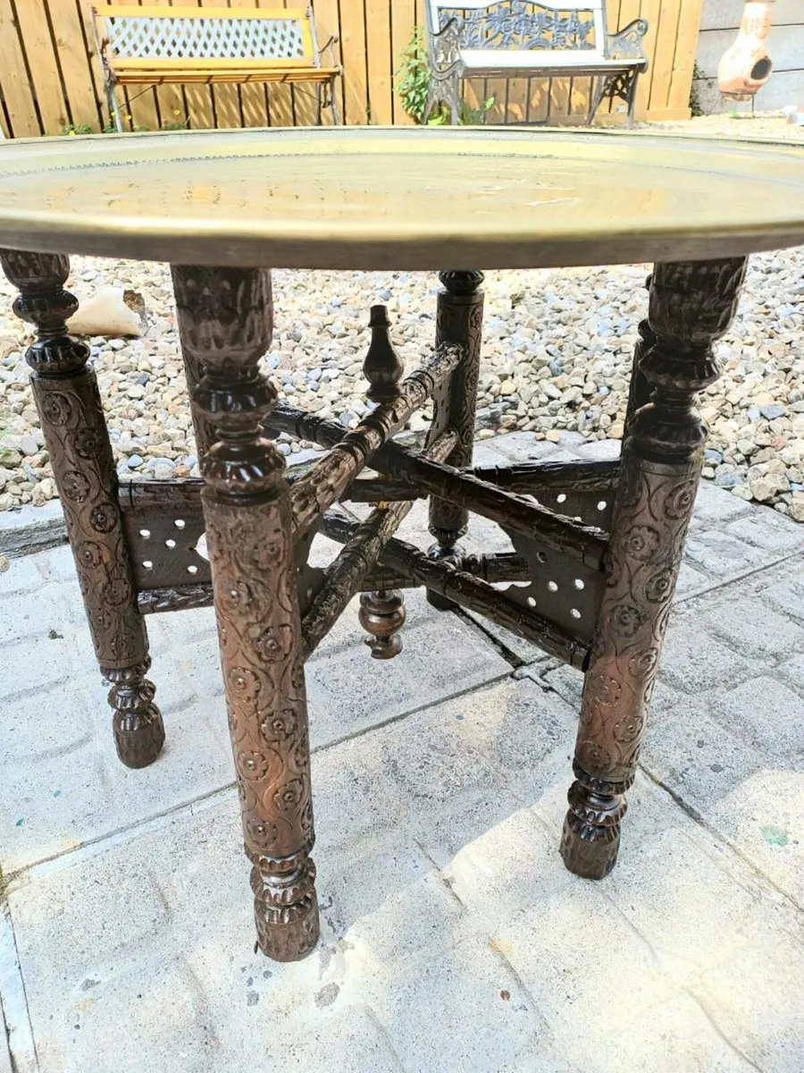 2 Moroccan Brass Tray Foldup Tables - Image 2
