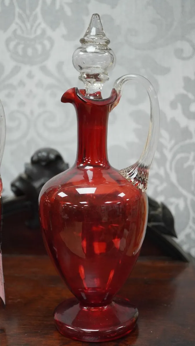 Victorian Bohemian Cranberry Glass Decanter Pair - Image 3