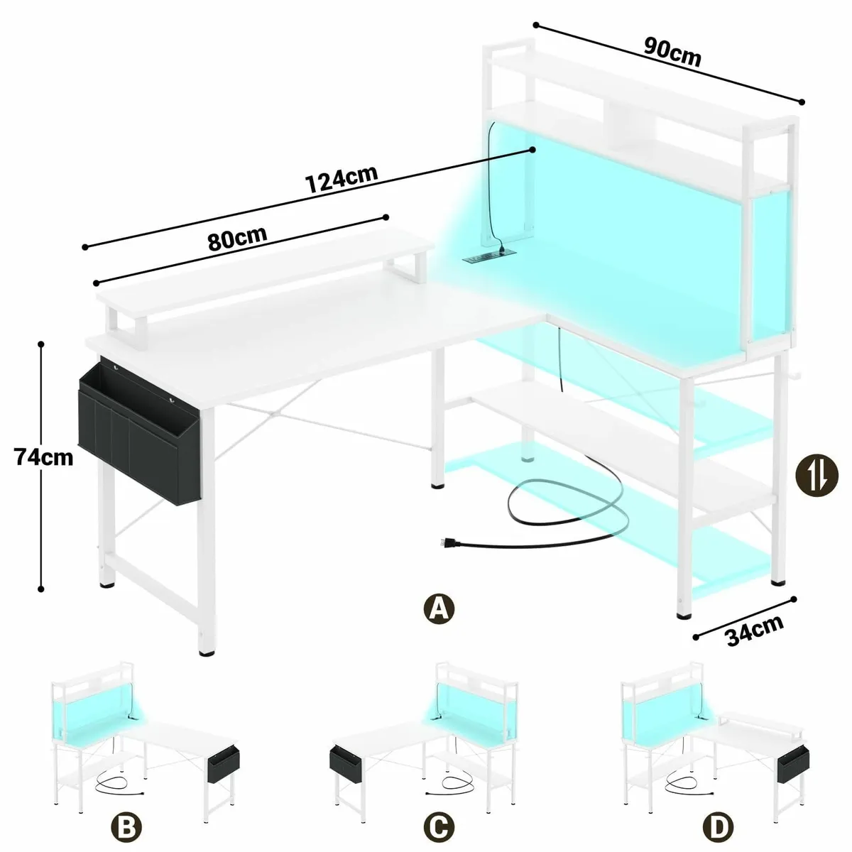 L Shaped Gaming Desk with Power Outlets LED - Image 2