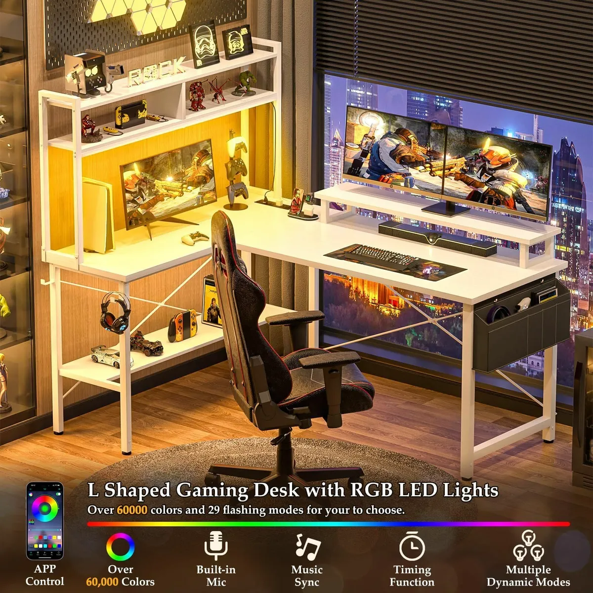 L Shaped Gaming Desk with Power Outlets LED - Image 3