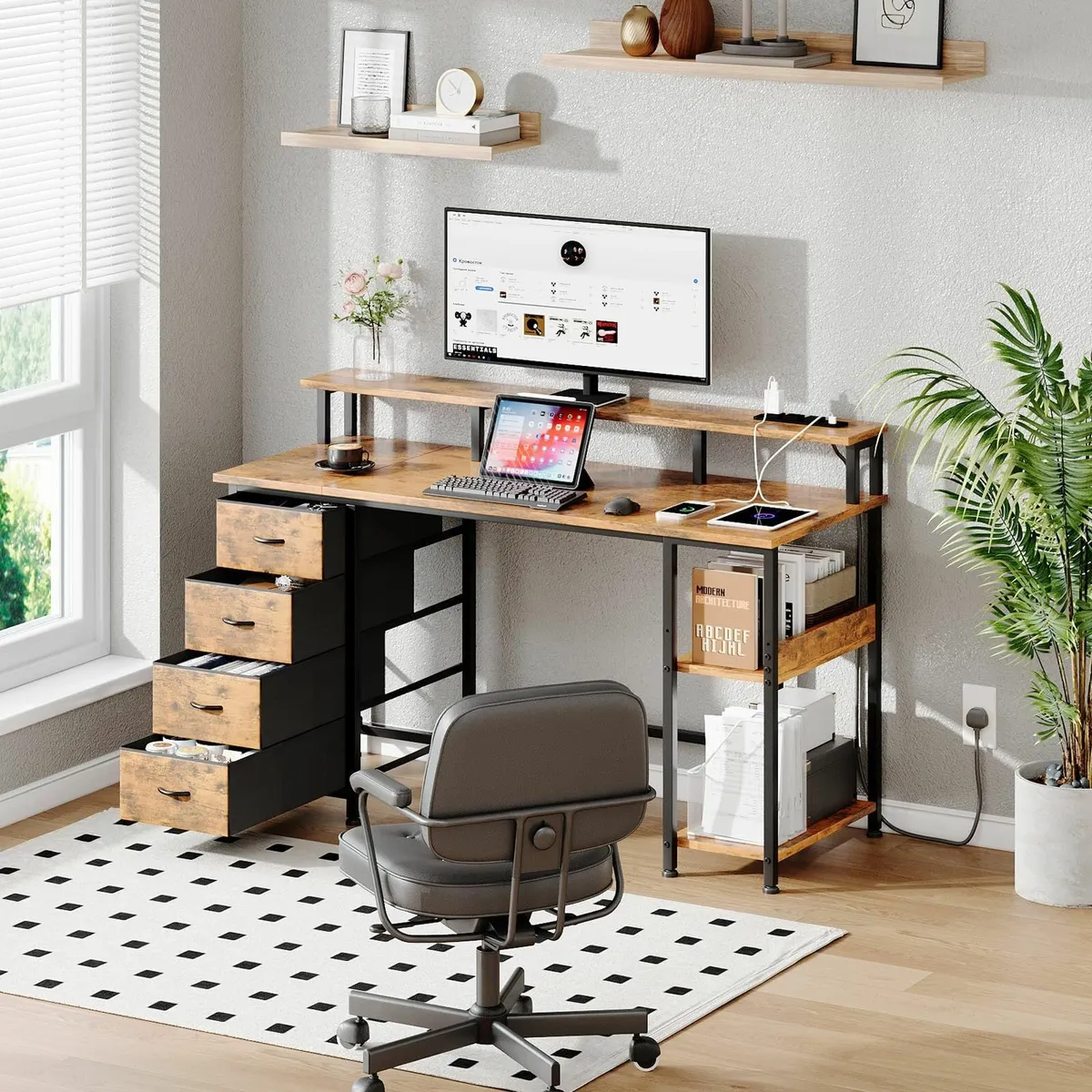 120CM Computer Desk with 4 Fabric Drawers Gaming - Image 2