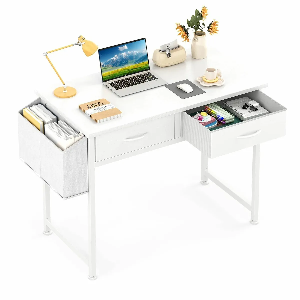 Small White Desk with Fabric Drawers for Bedroom - Image 1