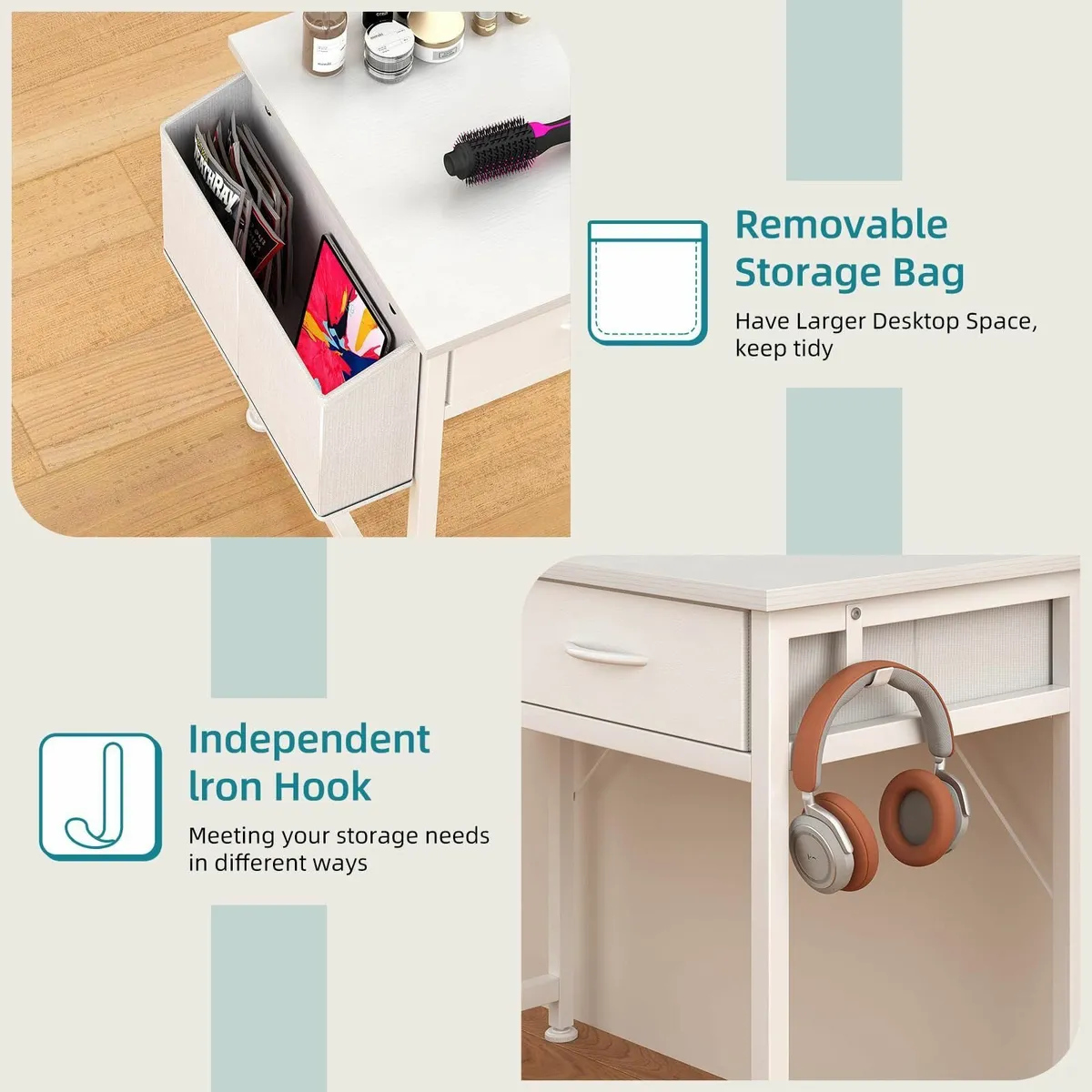 Small White Desk with Fabric Drawers for Bedroom - Image 4