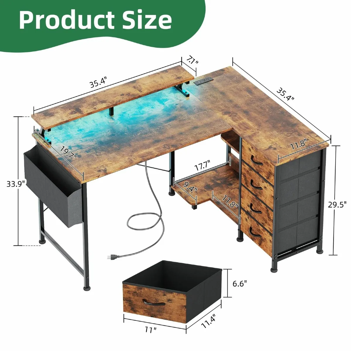 L Shaped Gaming Desk with 4 Drawers 47 Reversible - Image 3