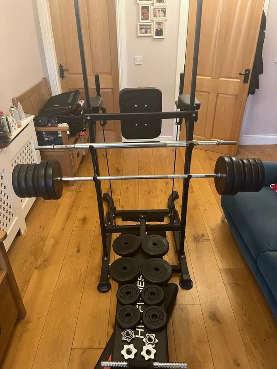 HOME GYM 60KG Bar, BENCH +(7.5kg extra weights) And dumbels - Image 1