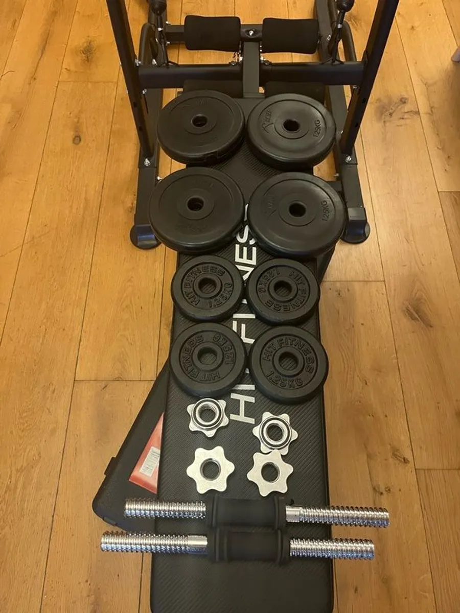 HOME GYM 60KG Bar, BENCH +(7.5kg extra weights) And dumbels - Image 2