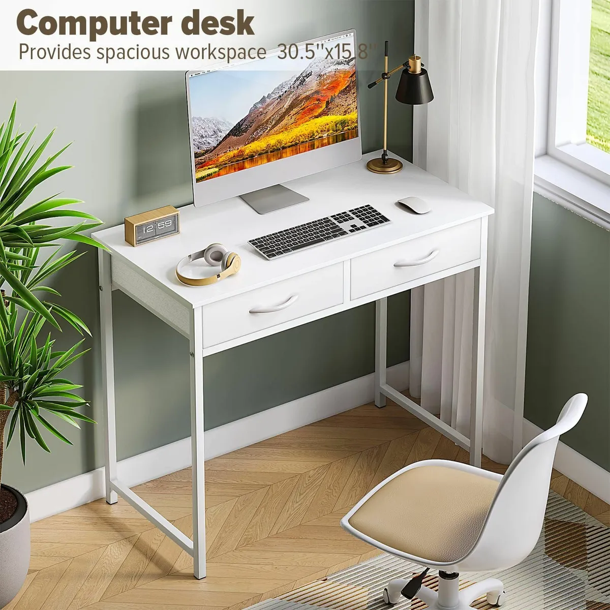 Small Computer Desk with Drawers 31.5 Inch White - Image 2
