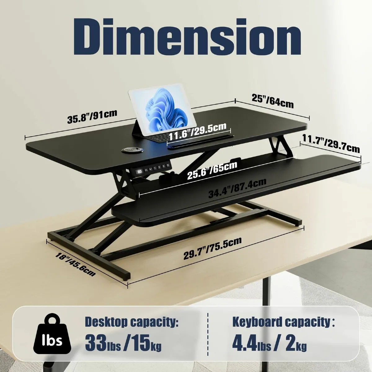 36’’ Electric Standing Desk Converter Height - Image 2