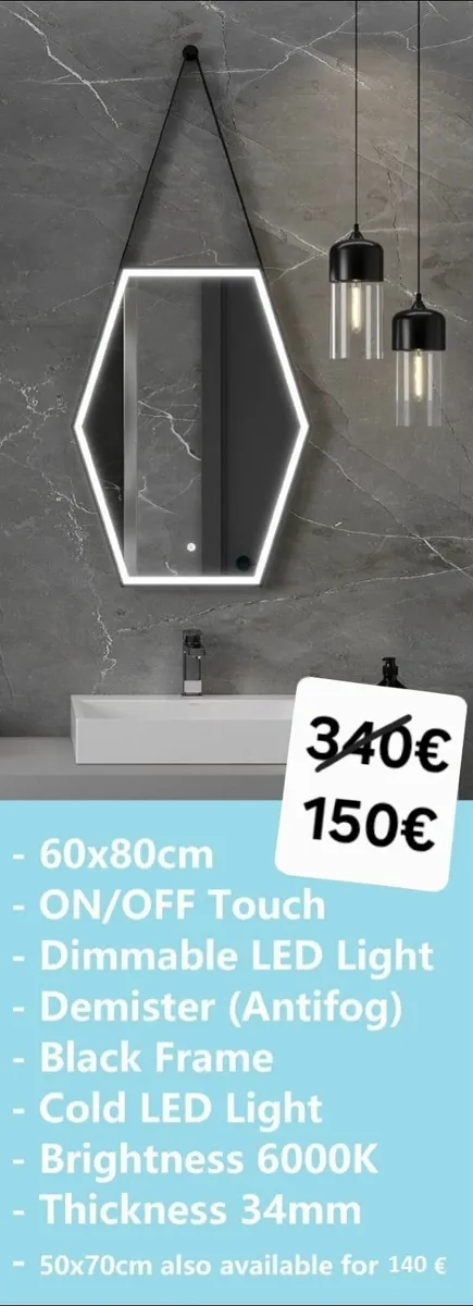 LED Bathroom Mirror Black Frame Antifog - Image 1