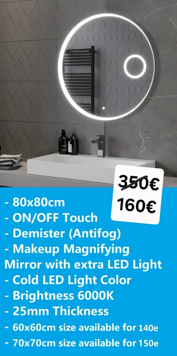 LED Bathroom Mirror 80cm Antifog Defogger - Image 1
