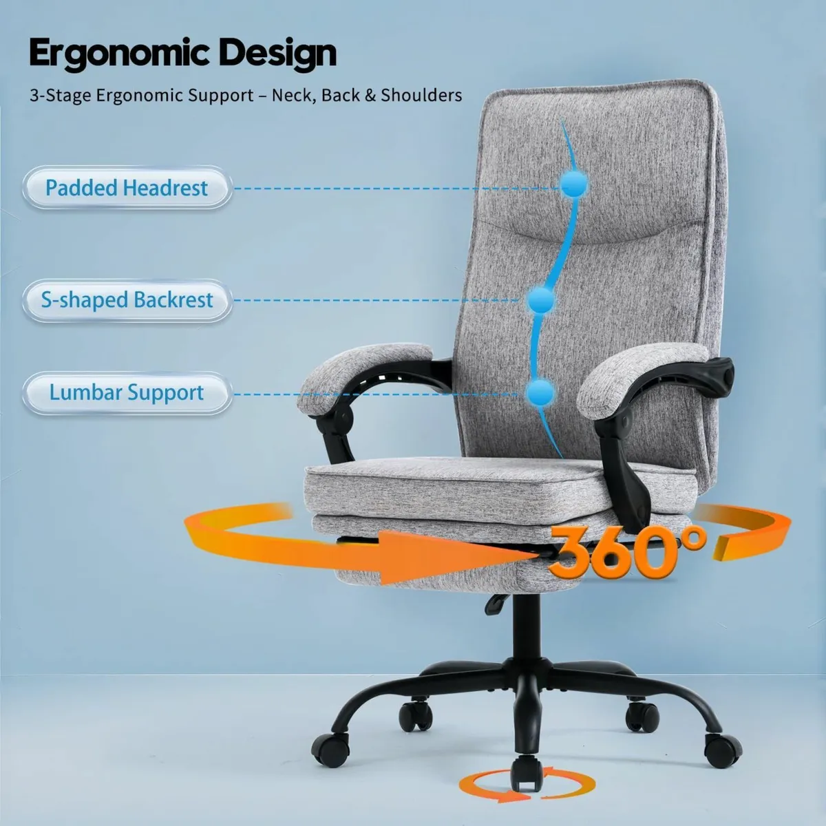 Fabric Office Chair with Footrest Ergonomic - Image 3