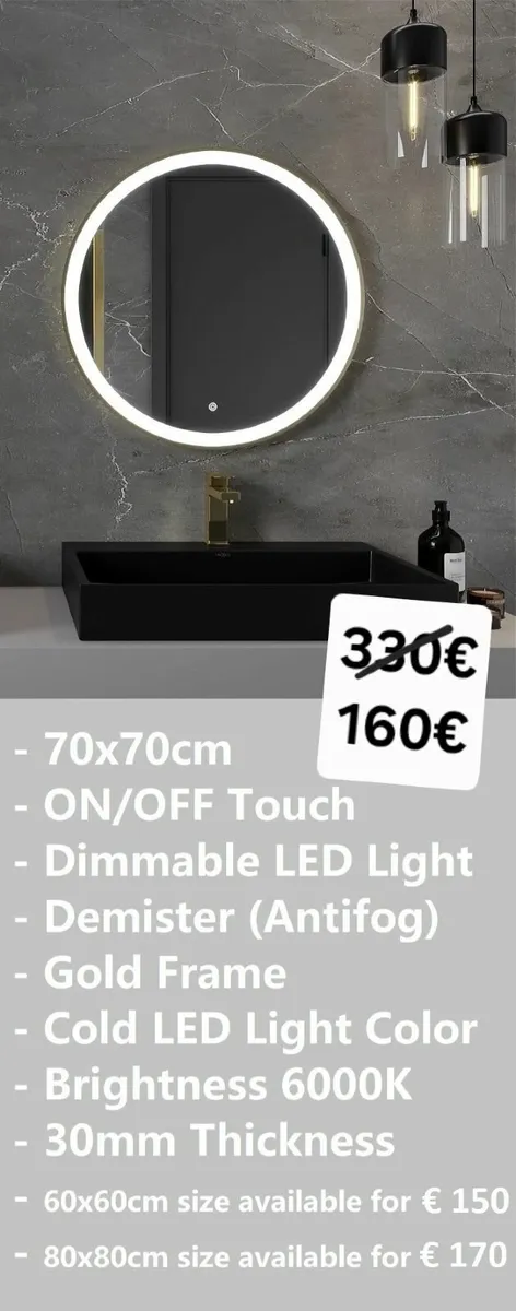 LED Bathroom Mirror Antifog Demister Gold - Image 1