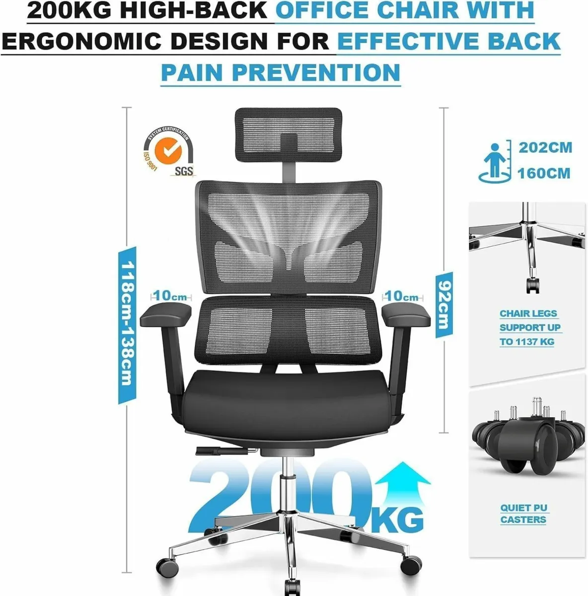 200kg 440LBS Ergonomic Office Chair for Heavy - Image 4