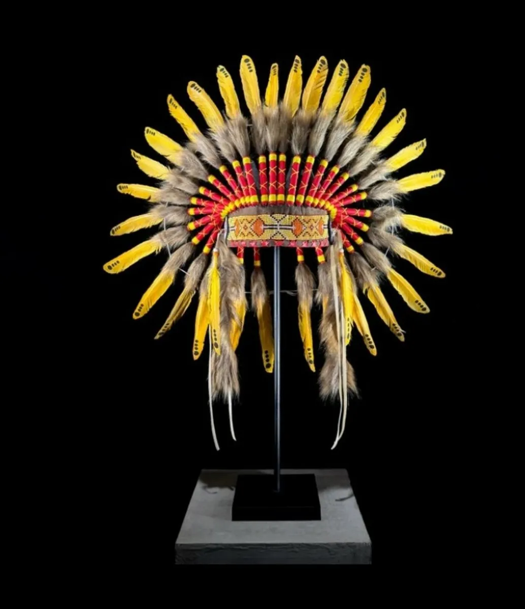 Large handmade Indian headdress on custom stand - Image 1