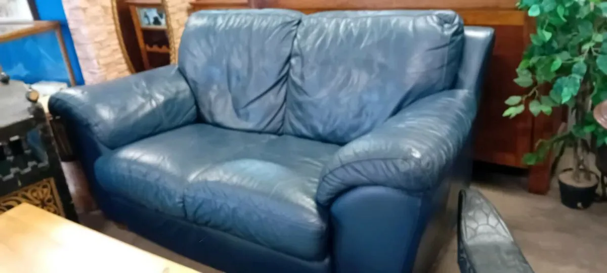 Navy Leather Two Seat Sofa