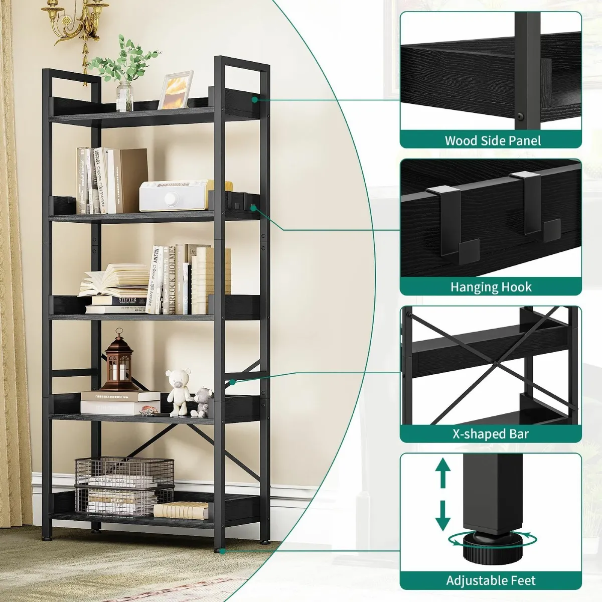 Bookcase 5 Tiers Floor Standing Book Shelf Wooden - Image 4
