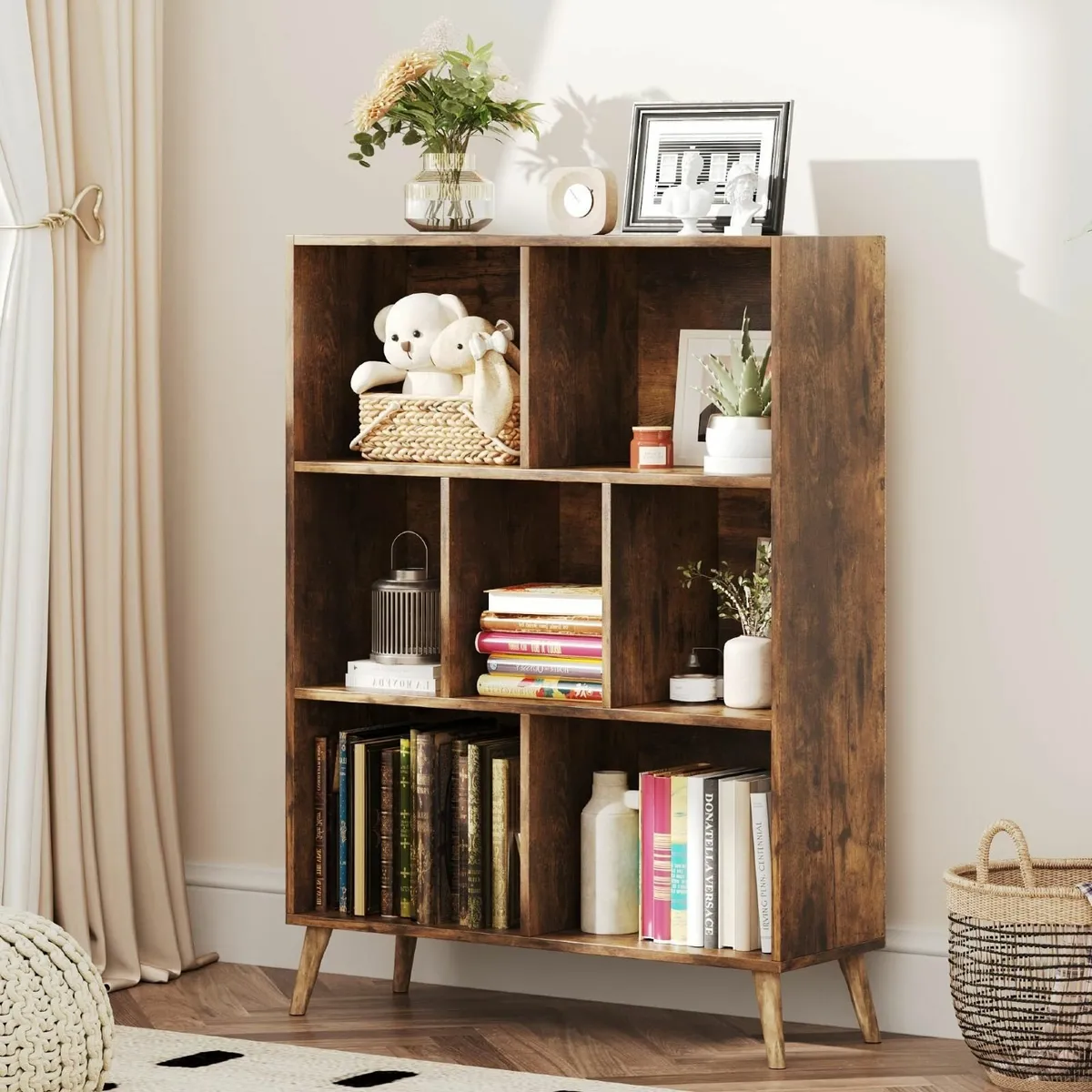 7 Cube Bookshelf 3 Tier Modern White Bookcase - Image 1