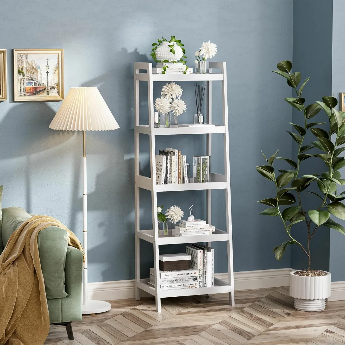 Bookshelf 5 Tier Ladder Bookcase with Bamboo - Image 1