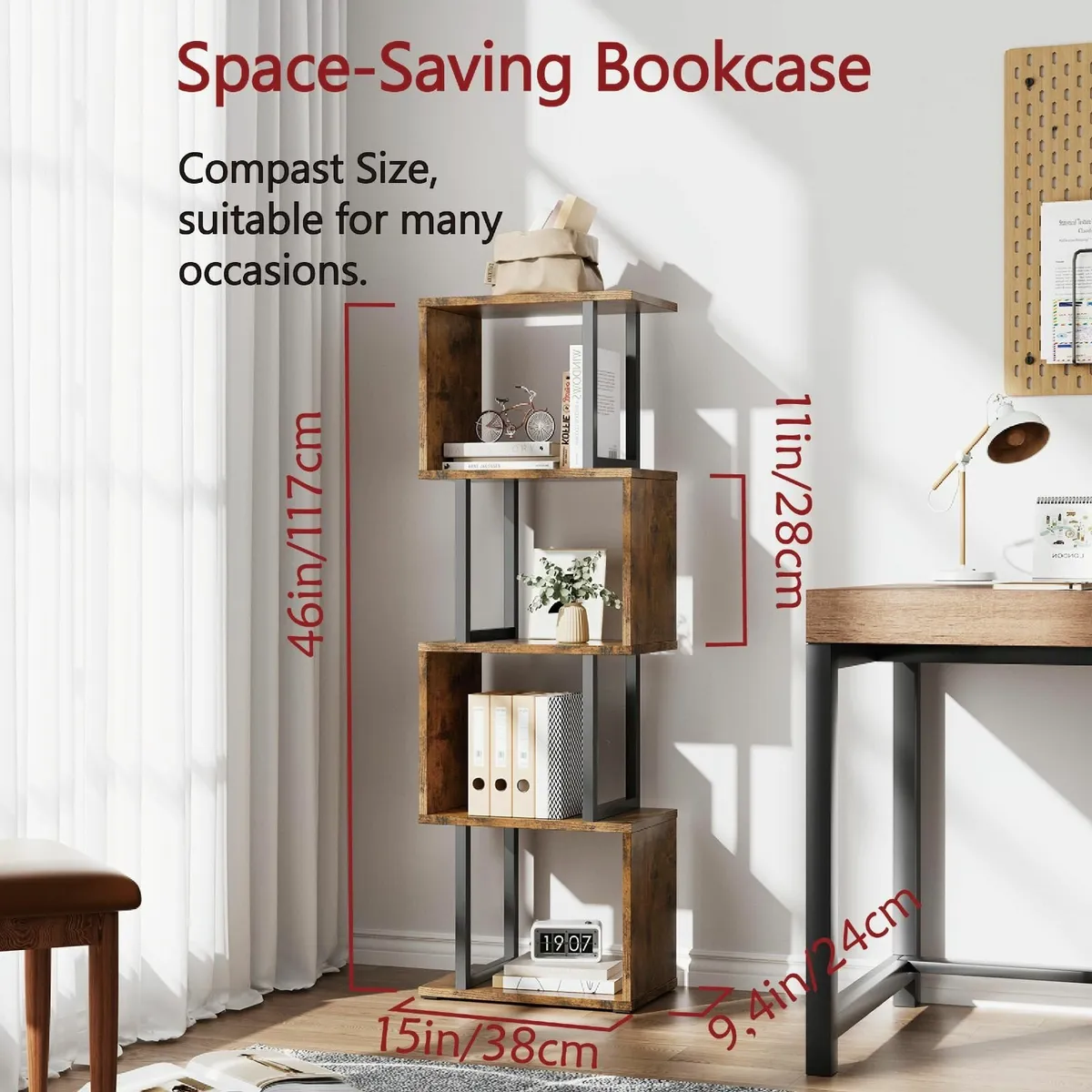 Bookcase with LED Lights 5-Tier S-Shaped Bookshelf - Image 2