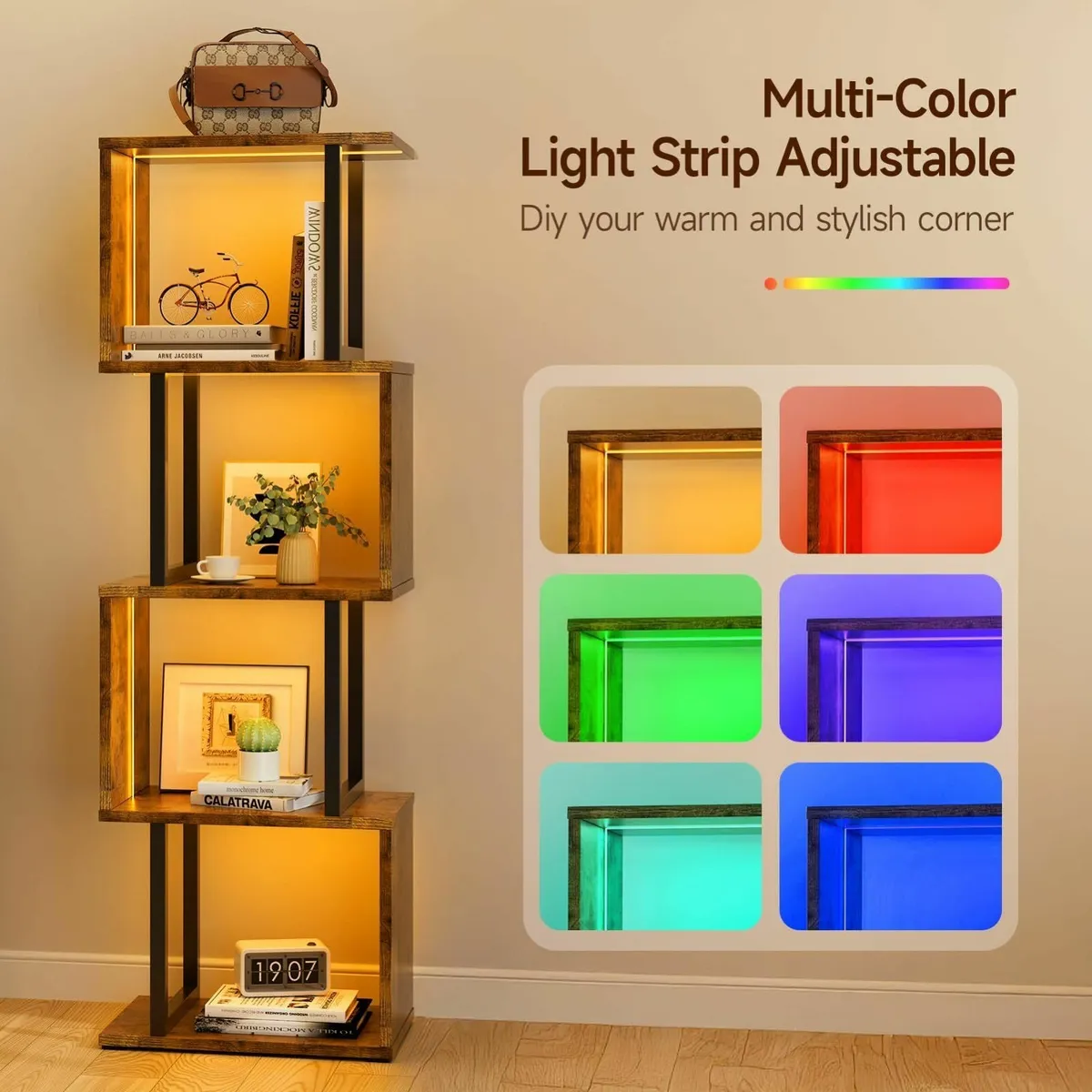 Bookcase with LED Lights 5-Tier S-Shaped Bookshelf - Image 3