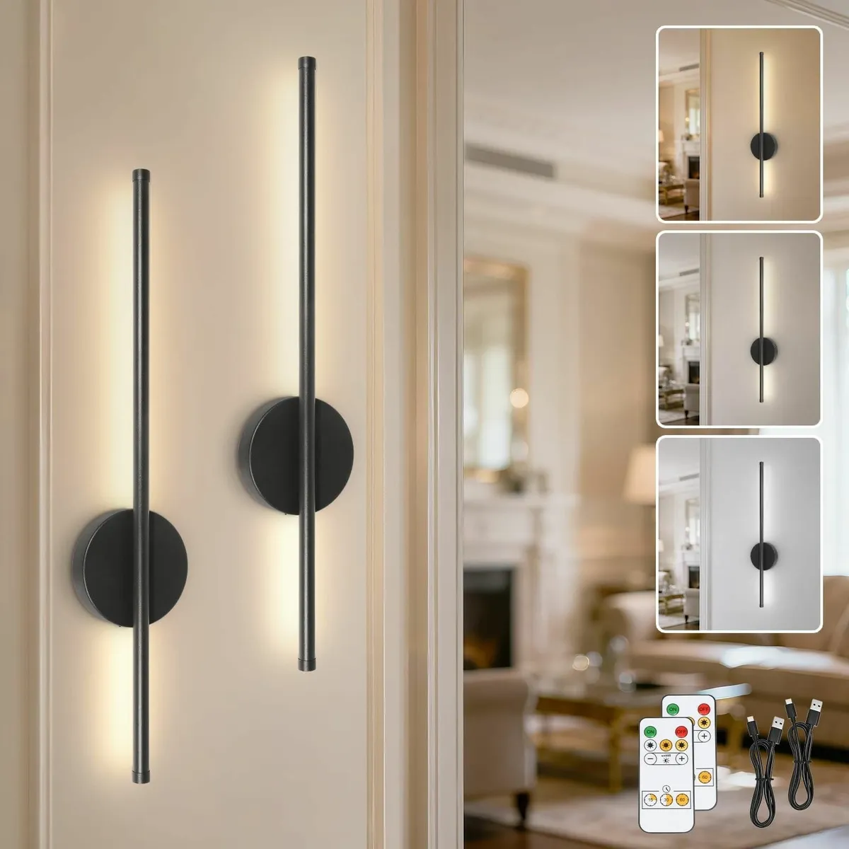 Black Rechargeable Wall Lights with Remote - Image 1
