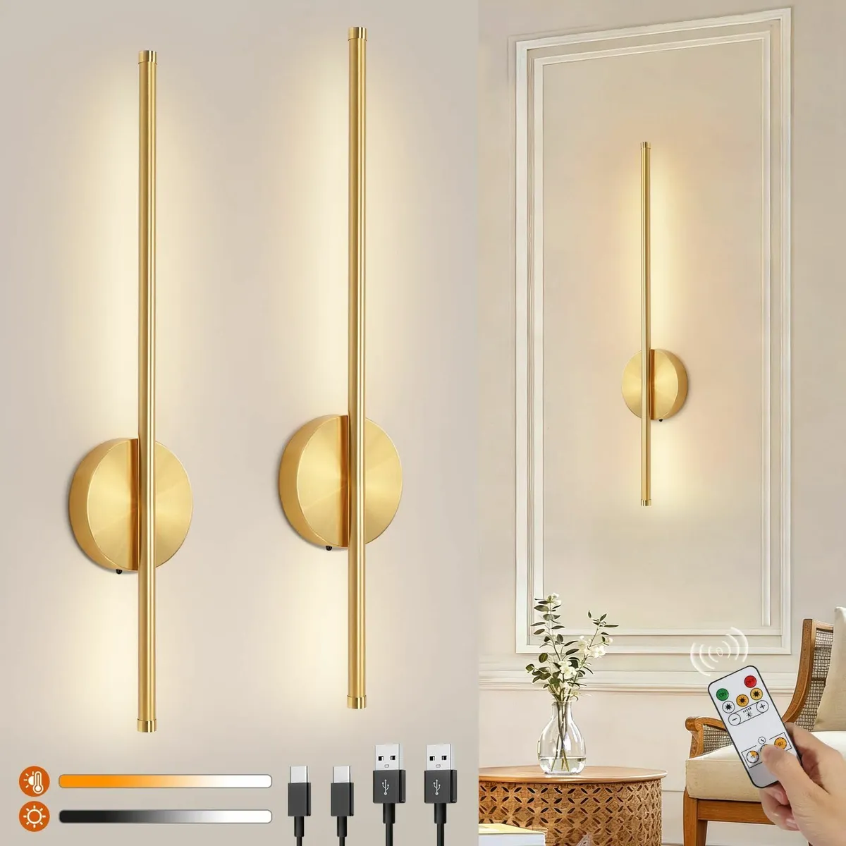 2 Pack USB Rechargeable Wall Lights Gold LED - Image 1