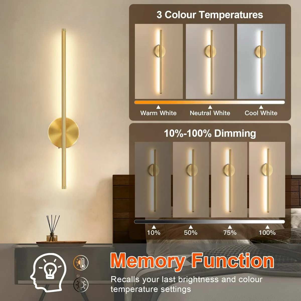 2 Pack USB Rechargeable Wall Lights Gold LED - Image 2