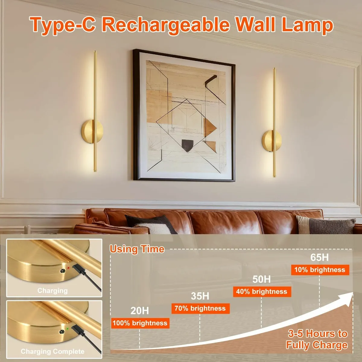 2 Pack USB Rechargeable Wall Lights Gold LED - Image 4