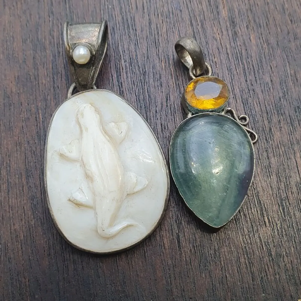 Vintage 925 Sterling Silver Lazard Design Shell & Fluorite Stone Pendant Set Of 2 - Image 1