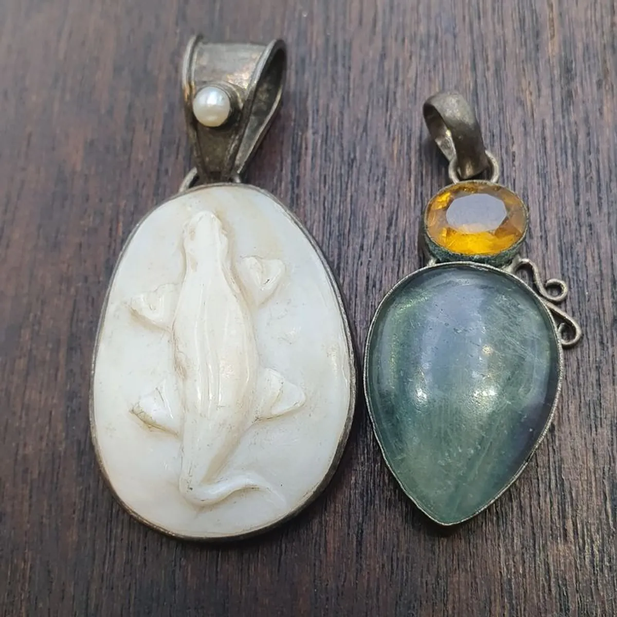 Vintage 925 Sterling Silver Lazard Design Shell & Fluorite Stone Pendant Set Of 2 - Image 2