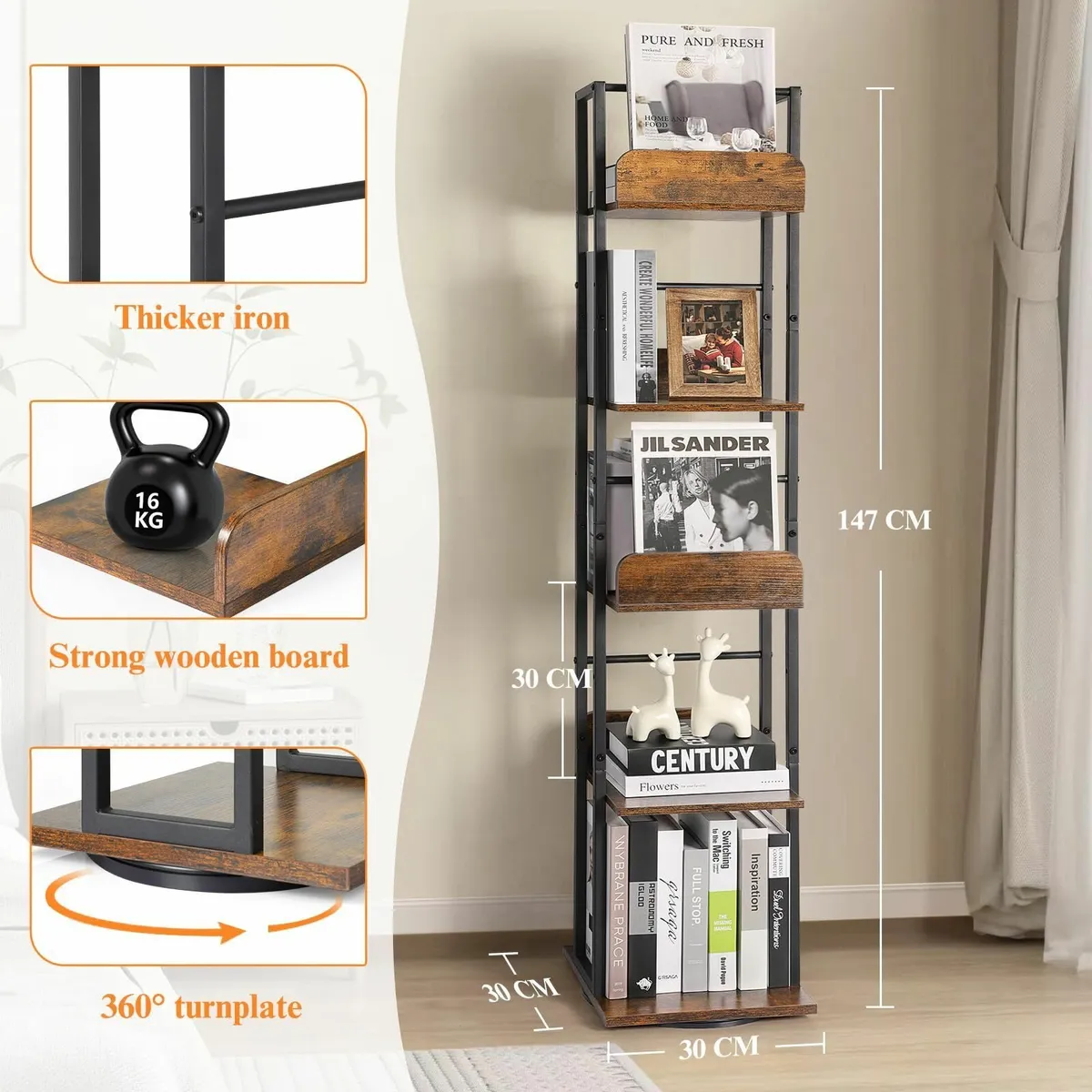 5-Tier Rotating Bookshelf Corner Bookshelves - Image 2