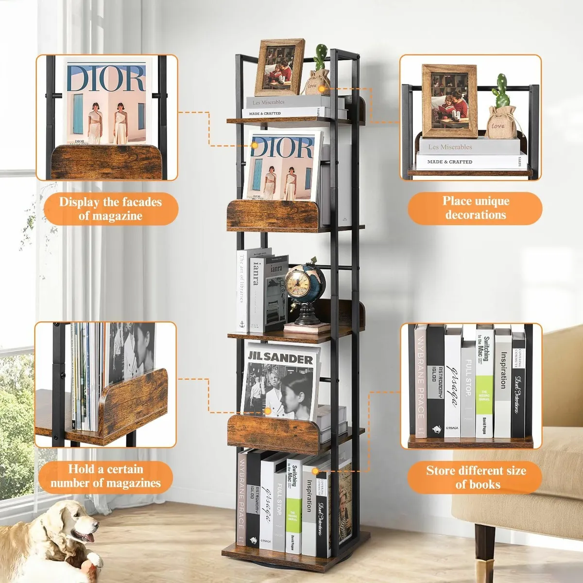 5-Tier Rotating Bookshelf Corner Bookshelves - Image 4