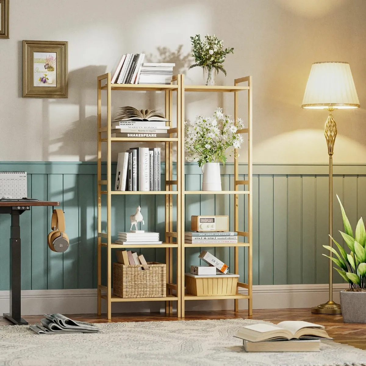 5-Tier Bamboo Bookshelf Tall Narrow Adjustable - Image 1