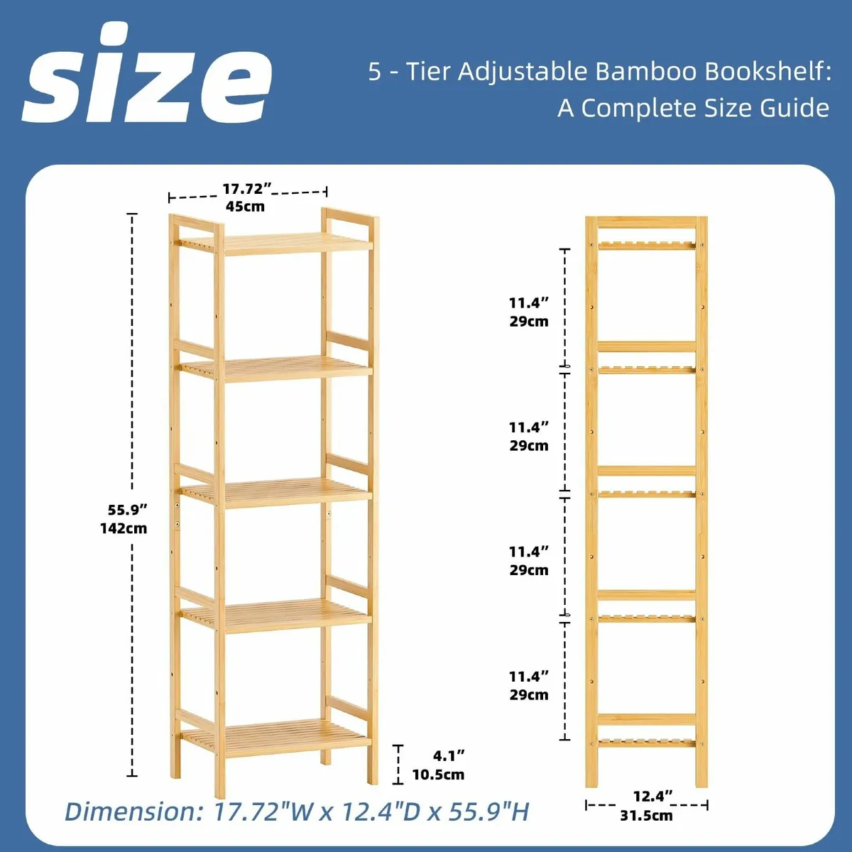 5-Tier Bamboo Bookshelf Tall Narrow Adjustable - Image 2
