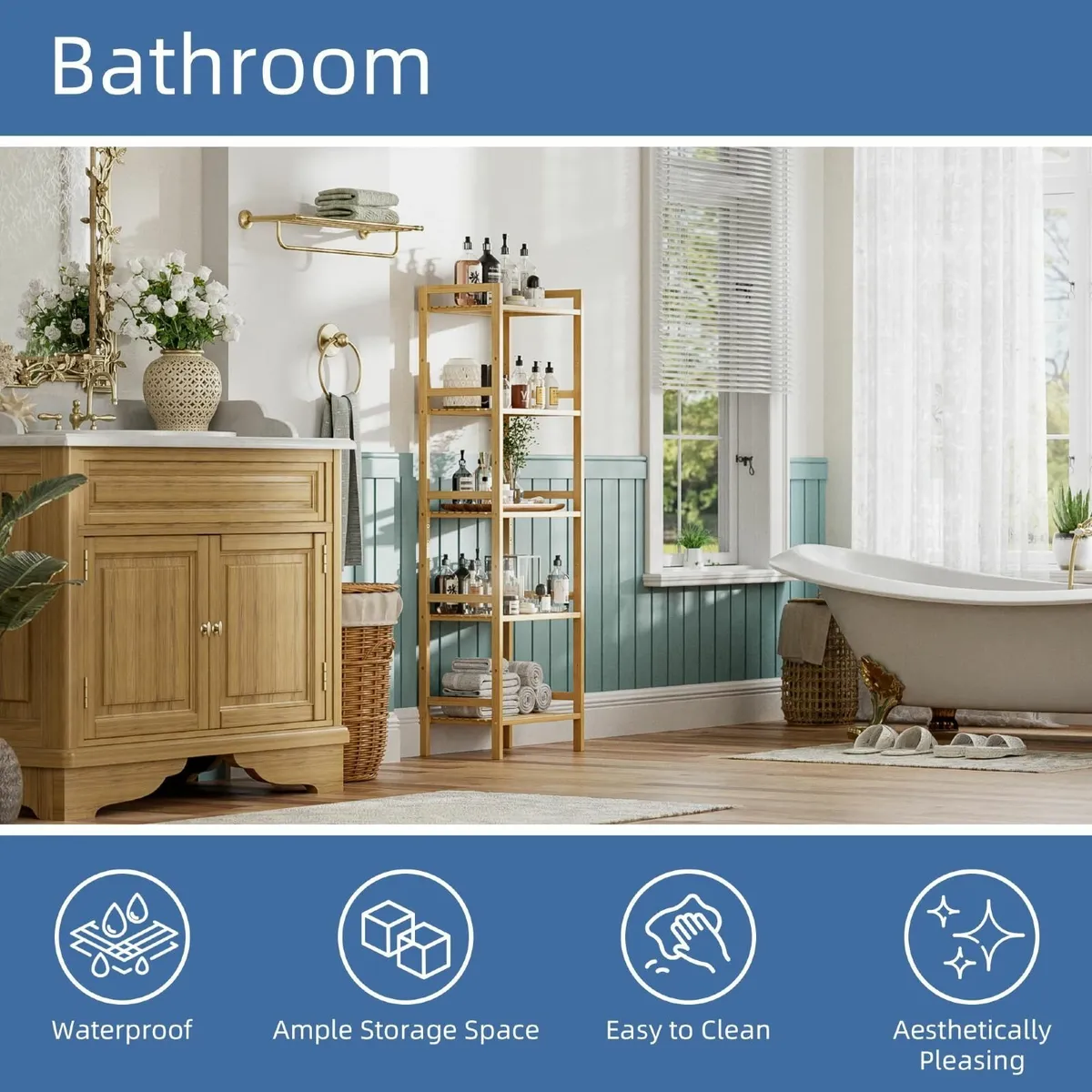 5-Tier Bamboo Bookshelf Tall Narrow Adjustable - Image 3